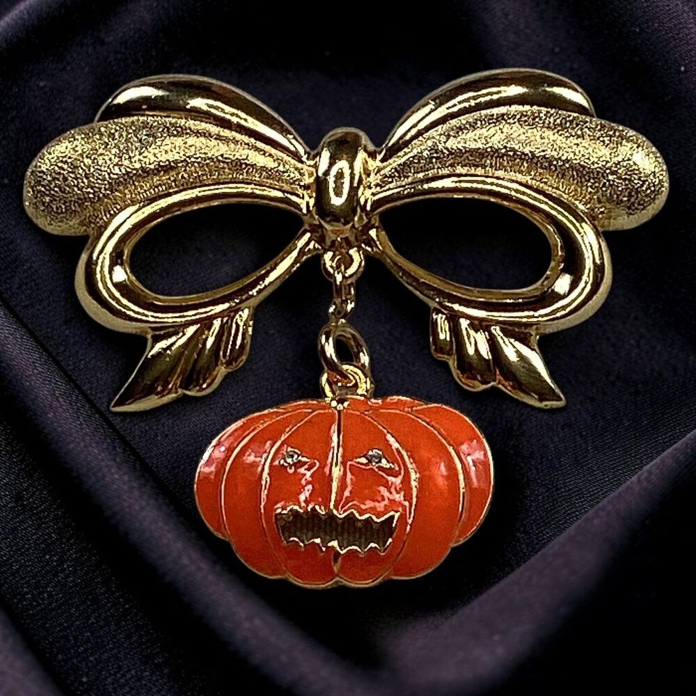 Vtg B.C. Lind 14K GE Gold Tone Bow Pumpkin Dangle Brooch Halloween Enamel Pin